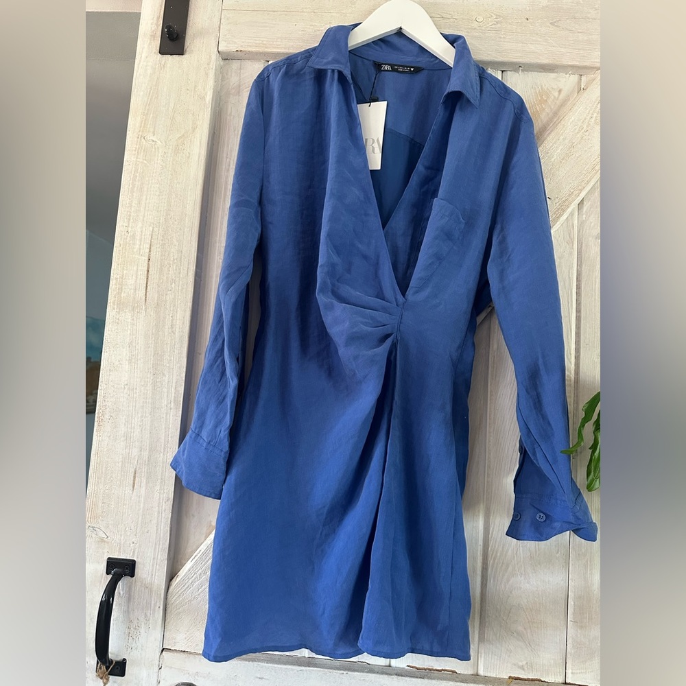 Zara Royal Blue Long Sleeve Twist-Front Shirt Dress